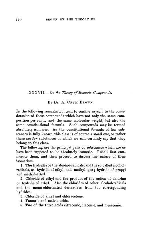 XXXVII.—On the theory of isomeric compounds