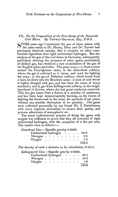 CL. On the composition of the fire-damp of the newcastle coal mines