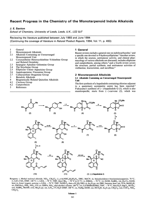 Recent progress in the chemistry of the monoterpenoid indole alkaloids