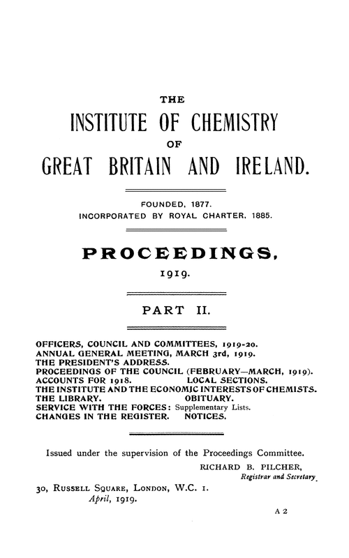 The Institute of Chemistry of Great Britain and Ireland. Proceedings, 1919. Part II