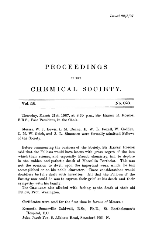 Proceedings of the Chemical Society, Vol. 23, No. 323