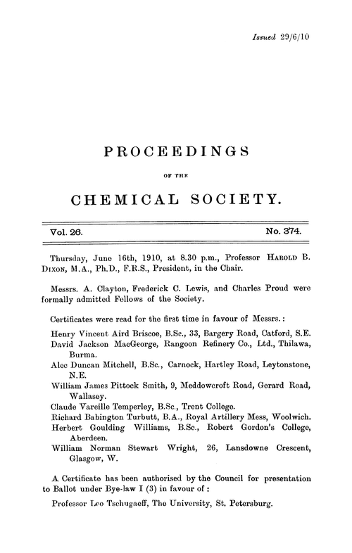 Proceedings of the Chemical Society, Vol. 26, No. 374