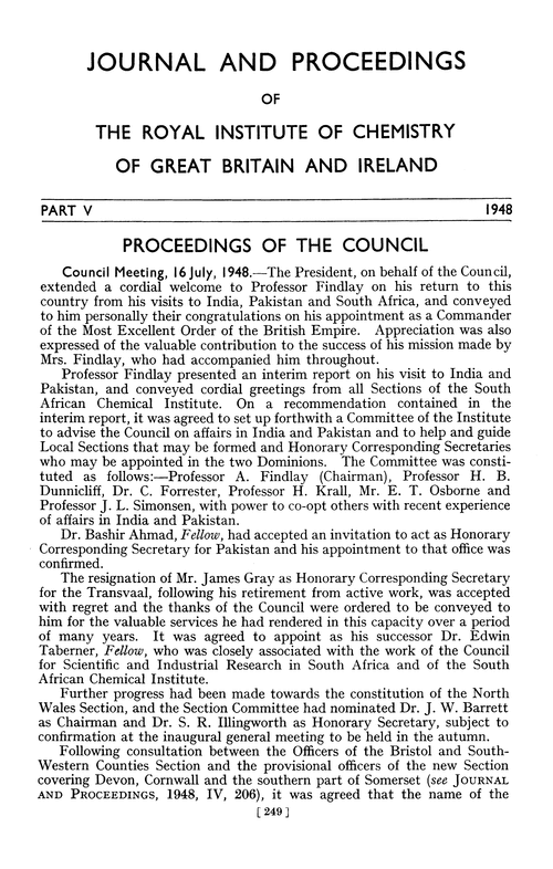 Journal and Proceedings of the Royal Institute of Chemistry of Great Britain and Ireland. Part V. 1948