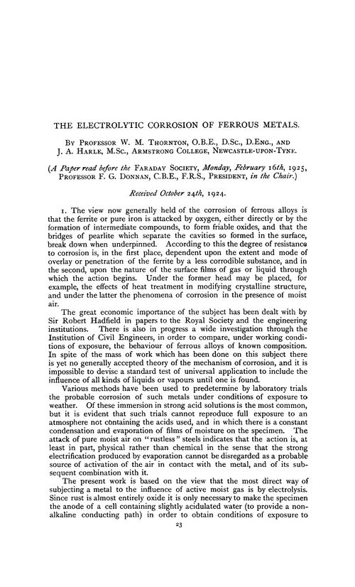The electrolytic corrosion of ferrous metals