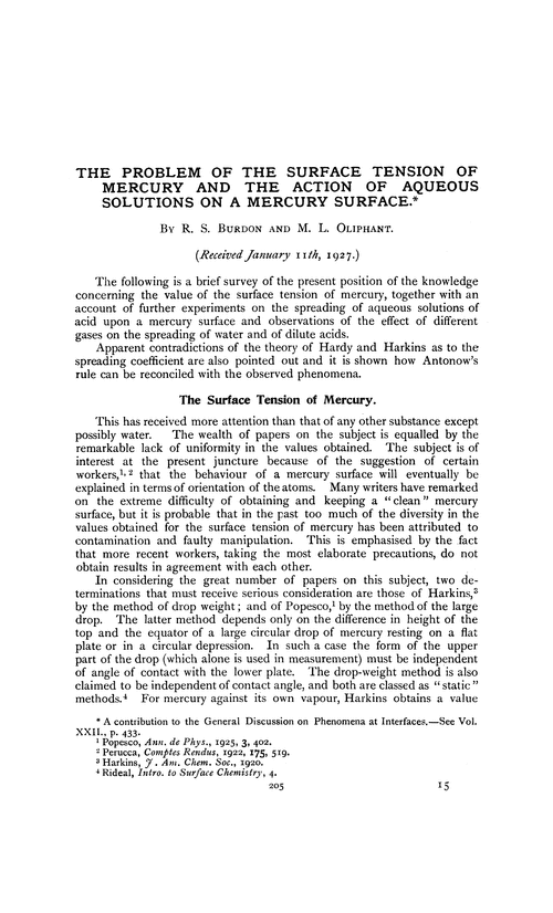 The problem of the surface tension of mercury and the action of aqueous solutions on a mercury surface