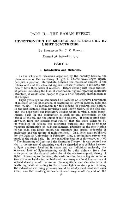 Part II.—The Raman effect. Investigation of molecular structure by light scattering