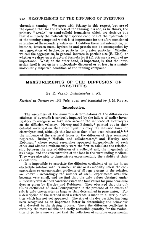 Measurements of the diffusion of dyestuffs