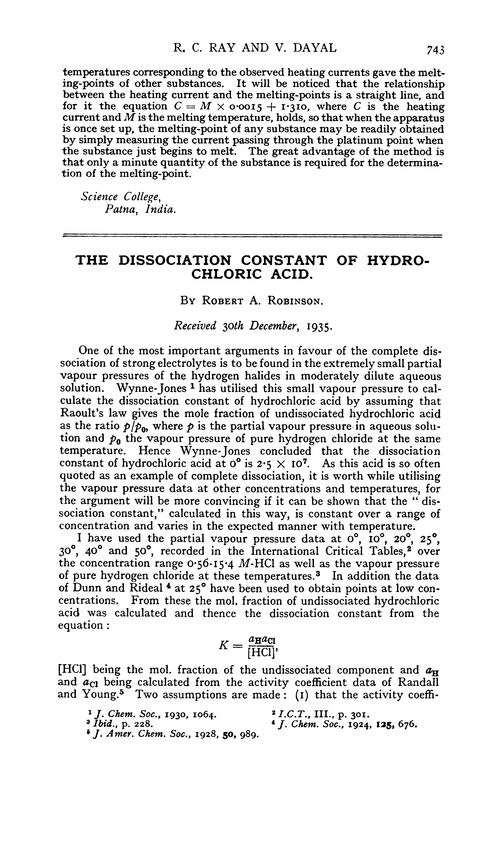The dissociation constant of hydrochloric acid