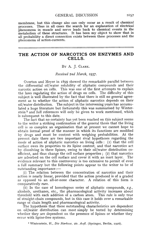 The action of narcotics on enzymes and cells