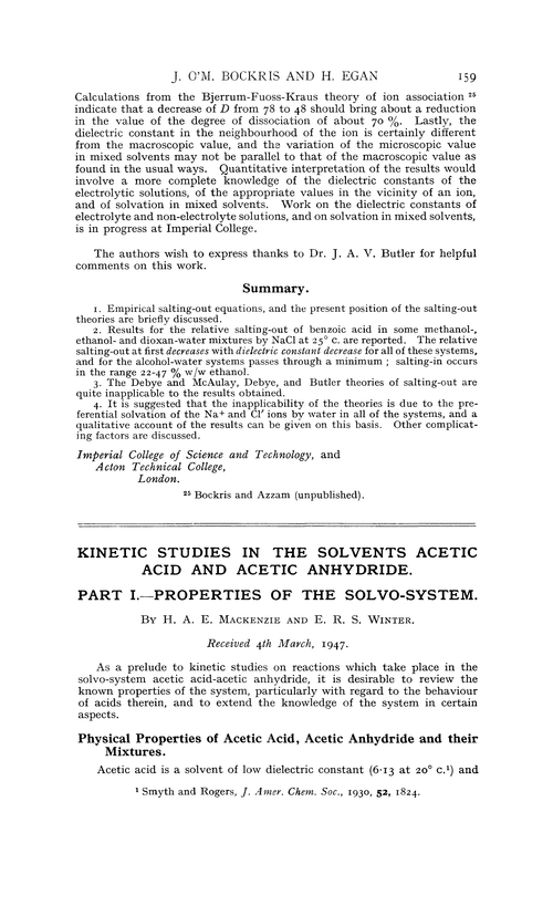 Kinetic studies in the solvents acetic acid and acetic anhydride. Part I.—Properties of the solvo-system