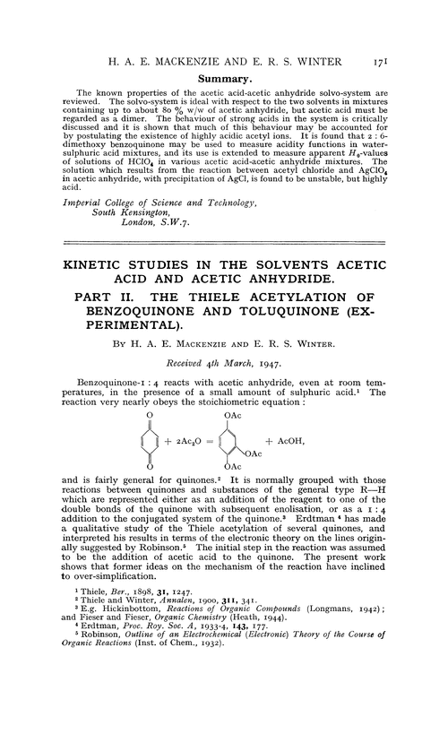 Kinetic studies in the solvents acetic acid and acetic anhydride. Part II. The Thiele acetylation of benzoquinone and toluquinone (experimental)