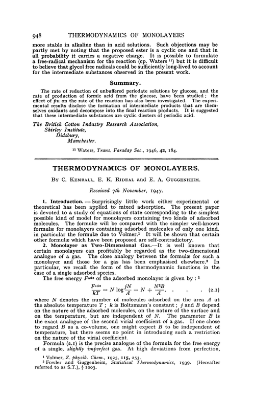 Thermodynamics of monolayers