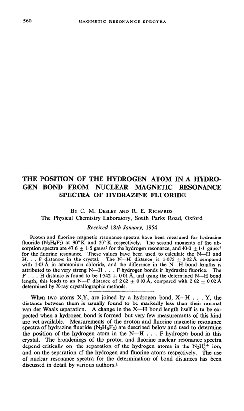 The position of the hydrogen atom in a hydrogen bond from nuclear magnetic resonance spectra of hydrazine fluoride