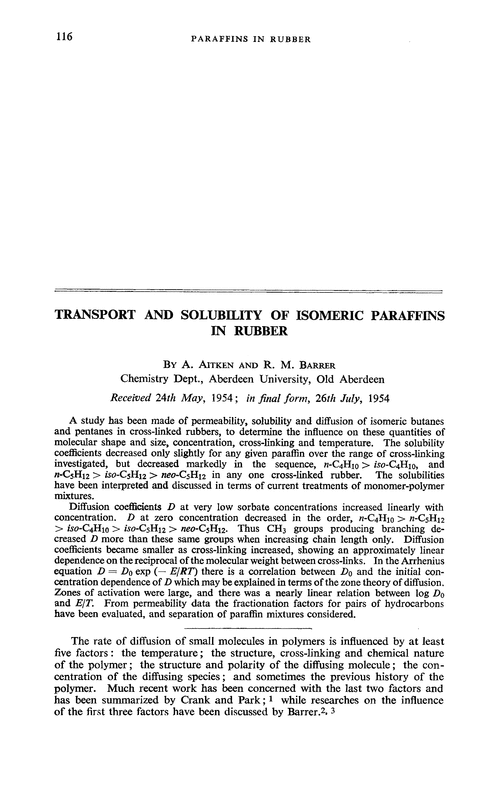 Transport and solubility of isomeric paraffins in rubber