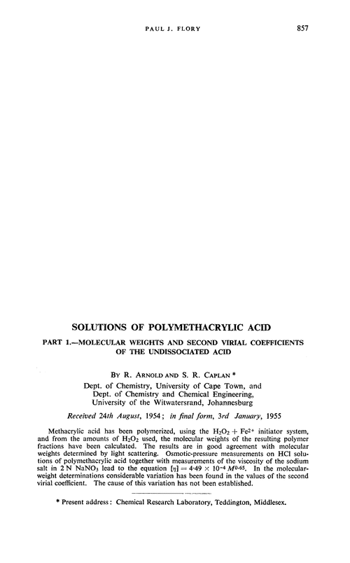 Solutions of polymethacrylic acid. Part 1.—Molecular weights and second virial coefficients of the undissociated acid