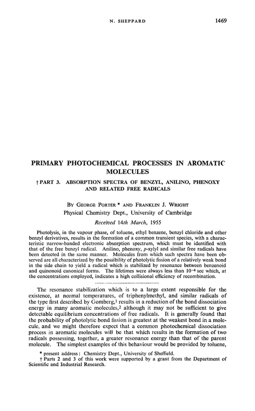 Primary photochemical processes in aromatic molecules. Part 3. Absorption spectra of benzyl, anilino, phenoxy and related free radicals