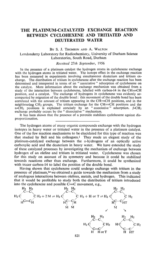 The platinum-catalyzed exchange reaction between cyclohexene and tritiated and deuterated water