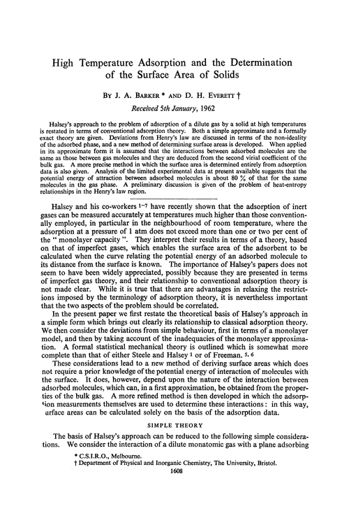 High temperature adsorption and the determination of the surface area of solids