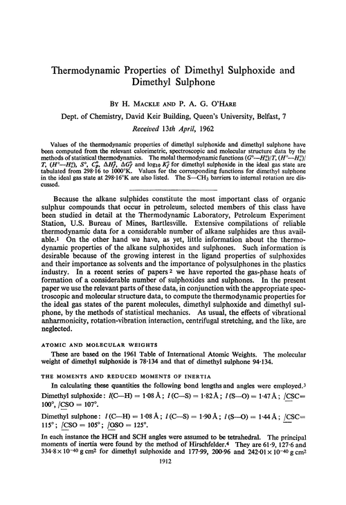 Thermodynamic properties of dimethyl sulphoxide and dimethyl sulphone