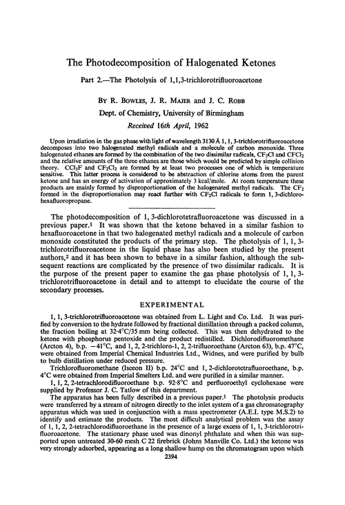 The photodecomposition of halogenated ketones. Part 2.—The photolysis of 1,1,3-trichlorotrifluoroacetone