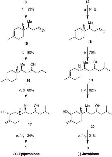 
          Reagents and conditions: a) PCC–CH2Cl2; b) iBuMgBr–THF; c) m-chloroperbenzoic acid; d) LDA–THF, reflux; e) PCC–CH2Cl2, PTSA cat.; f ) Ag2O–MeOH; g) CH2N2–Et2O.
