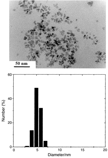 
            (Upper panel) TEM image
of CoFe2O4 particles; (lower panel) histogram of size
distribution.
          