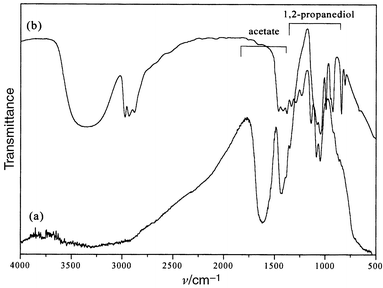 
            IR spectra of (a) CoFe2O4
powder obtained in 1,2-propanediol; (b) liquid 1,2-propanediol.
          