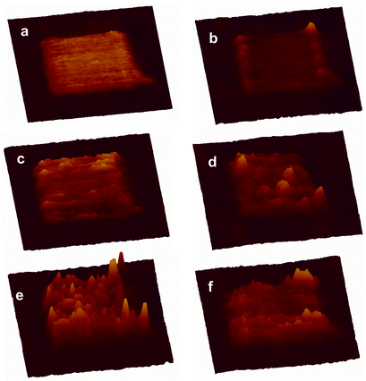 AFM 3D images of the nanofeature at different stages of the chemical manipulation. (a) Friction image of the maleimide nanosquare created by nanografting, (b) topographic image of (a); (c) topographic image after treatment with p-xylylenediamine; (d) topographic image after further treatment with 1 at 5 mM for 1.5 h; (e) topographic image after treating with 1 at 10 mM for 3 h; (f) Topographic image of (e) after treatment with 10 mM decanethiol for 30 min. All images are in the same x, y and z scales, 800 × 800 nm for x and y, and the highest features in (e) have a z value of 5 nm.