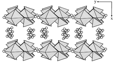 Three-dimensional packing of USO-1. Tetrahedra and pentagonal bipyramids represent [SO4] and [UO7] moieties, respectively. Hydrogen atoms have been removed for clarity.
