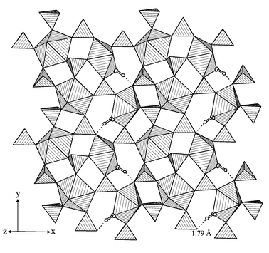 Two-dimensional [(UO2)2(H2O)(SO4)3]2− layers in USO-2. Tetrahedra and pentagonal bipyramids represent [SO4] and [UO7] moieties, respectively. Hydrogen bonds are shown as dashed lines.