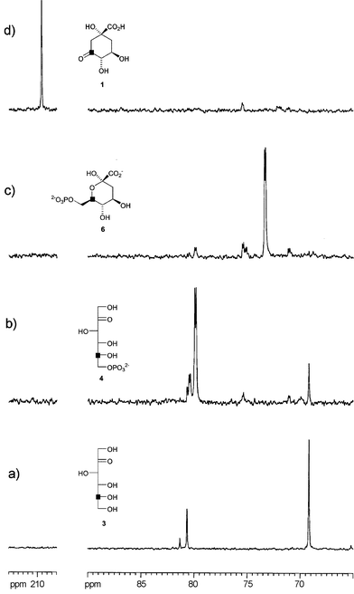 Proton decoupled 13C NMR spectra (62.9 MHz) following the conversion of d-[5-13C]fructose 3 to 3-[3-13C]dehydroquinate 1. a)
d-[5-13C]fructose 3; b) formation of d-[5-13C]fructose-6-phosphate 4 upon addition of hexokinase; c) formation of [6-13C]DAHP 6 upon addition of transketolase and DAHP synthase; d) formation of 3-[3-13C]DHQ 1 upon addition of DHQ synthase.