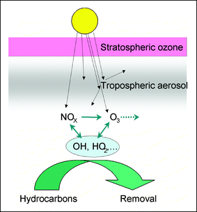 Illustration of the impact of tropospheric aerosols upon atmospheric chemistry. The aerosol can reduce the intensity of radiation, leading to a reduction in ozone production. Such a reduction offsets the impact of stratospheric ozone depletion.