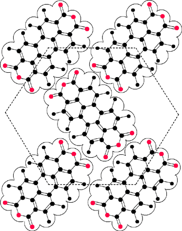 Organization of PTCDA molecules 2 on graphite. The dashed lines visualize the quasi-hexagonal symmetry of the PTCDA monolayer.