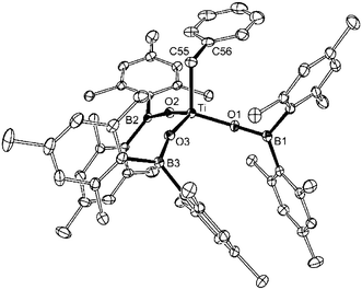 Molecular structure of 2
					(ellipsoids drawn at the 20% probability level, hydrogen atoms omitted). Selected bond lengths (Å) and angles (°): Ti–O1 1.7965(18), Ti–O2 1.7923(18), Ti–O3 1.7918(19), Ti–C55 2.081(3); Ti–O1–B1 162.57(19), Ti–O2–B2 163.6(3), Ti–O3–B3 160.60(18), Ti–C55–C56, 109.98(18).