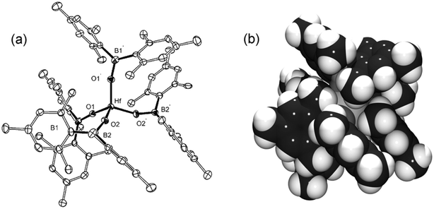 (a) Molecular structure of 4
					(ellipsoids drawn at the 30% probability level, hydrogen atoms omitted). Selected bond lengths (Å) and angles (°): Hf–O1 1.902(7), Hf–O2 1.916(7); Hf–O1–B1 167.7(7), Hf–O2–B2 160.0(7). (b) Spacefill model of 4
					(generated from the same projection).