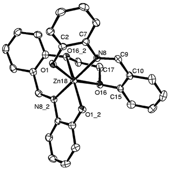 Molecular structure for 9 as an ORTEP plot. Zn(ii) sits on a center of symmetry.