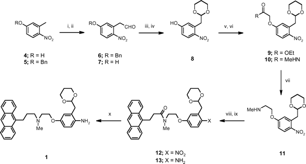 Reagents and conditions: i. benzyl bromide, K2CO3, DMF, 90 °C, 91%; ii. a) dimethylformamide dimethyl acetal, DMF, reflux; b) 10% aqueous HCl, diethyl ether, reflux, 82%; iii. TFA, 93%; iv. 1,3-propanediol, Amberlyst H-15, CH2Cl2, reflux, 92%; v. iodoacetic acid ethyl ester, DMF, PS-BEMP, 98%; vi. methylamine, Amberlyst H-15, THF, 98%; vii. a) NaBH4, I2, THF, reflux; b) diethylamine, THF, 55 °C, 89%; viii. 3-anthracen-9-yl-propionyl chloride, PS-DIPEA, CH2Cl2, 93%; ix. NaBH4, Cu(acac)2, CH2Cl2/MeOH/iPrOH, reflux, 89%; x. LiAlH4, THF, 90%.