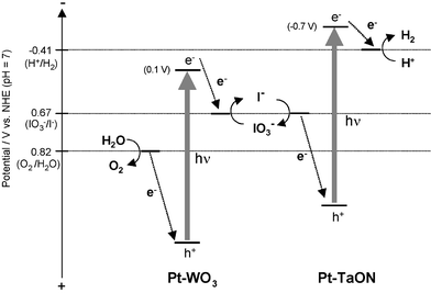 Speculated reaction mechanism for water splitting over Pt–TaON and Pt–WO3 with an IO3−/I− shuttle redox mediator.