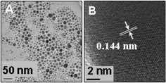 The TEM (A) and the HRTEM (B) images of silver nanoparticles.