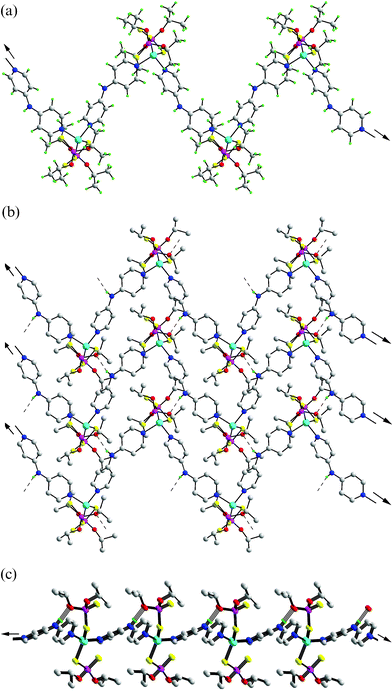 Three views of the polymeric structure of [Zn(S2P(OiPr)2)2(4-NC5H4N(H)C5H4N-4)]∞ (6). (a) Viewed down the a-direction and (b) hydrogen-bonded 2-D sheets viewed down the a-direction, and (c) 2-D layers viewed approximately down the b-direction. Click here to access a 3D image of Fig. 9.