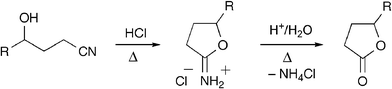 The two-step Pinner-cyclization/hydrolysis reaction sequence has been of limited use in the preparation of lactones due to the harsh conditions usually required.