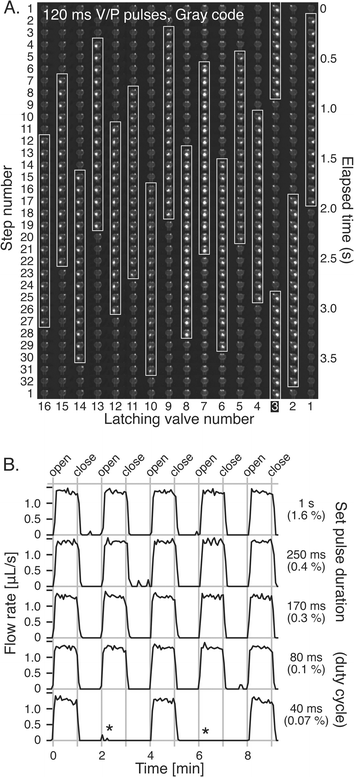 A, Video frames showing the multiplexed latching valve test device in operation, using an improved Gray code order for operating the demultiplexer and only 120 ms pressure/vacuum pulses. The observed open valves matched the expected open valves (white rectangles) with no errors. B, Flow rates through inverted latching valve 3, obtained while operating all sixteen latching valves according to the complex actuation pattern shown in A. Pressure and vacuum pulses as short as 80 ms (0.1% duty cycle) were adequate to open and close the valve without errors. Missed openings observed at even shorter pulse times (asterisks) are caused by demultiplexer timing errors. The original video is available for download (electronic supplementary information).