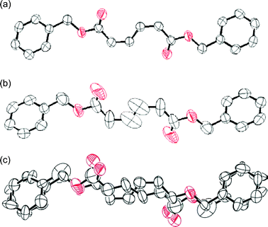 ORTEP drawings of (a) 1 crystals as the initial molecular structure, (b) disordered structure after a 27 h photoirradiation, and (c) the structure separated into 1 and 2 with a site occupancy factor of 35% for 2. The hydrogen atoms are omitted for clarity. The thermal ellipsoids are plotted at the 50% probability level.