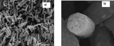 (a) Scanning electron micrographs of ZrO2nanorods prepared in our laboratory after grinding the electrospun nanofibers. (b) Magnified micrograph of ZrO2nanorod with average diameter of 433 nm.