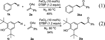 
          Fe-catalyzed direct olefination of toluene 1k and derivatives 1l with 1-phenyl vinyl acetate 2a.