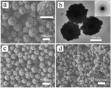 (a) SEM image and (b) TEM image of the sample obtained with 8 mM PVP (sample 1). The inset of (a) shows an enlarged SEM image of a single Ag nanosphere and the inset of (b) shows the SAED pattern taken from a single Ag nanosphere. The scale bar in the inset of (a) represents 500 nm. (c) and (d) SEM images of the samples obtained with other PVP concentration: (c) 40 mM (sample 2) and (d) 200 mM.