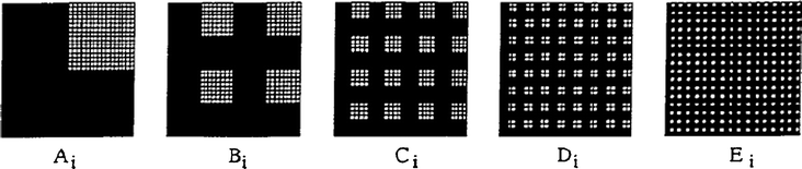 Masking scheme used to create a quaternary library of 1024 unique compositions on a single substrate. Ai, Bi, Ci, Di, and Ei represent deposition steps described in the full reference. Reprinted with permission from Science, 1998, 279, 1712. Copyright 1998 AAAS.