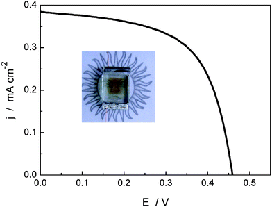 I–V curve obtained with 1 DSC under AM 1.5 G solar simulation conditions. The inserted shows a photo of the complete cell.