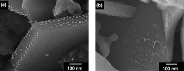 
            SEM images of (a) Au and (b) NiOx loaded on BaLa4Ti4O15 photocatalysts by a photo-deposition method. (Reproduced from ref. 94).