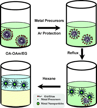 Schematic representation of bimetallic nanoparticle synthesis in the emulsion-assisted multiphase system.